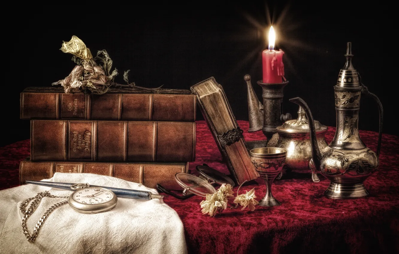 Photo wallpaper watch, books, candle, dishes, still life