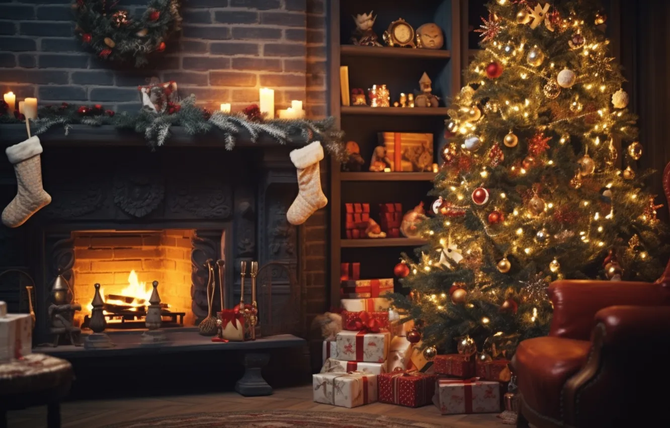 Photo wallpaper decoration, room, gift, tree, new year, interior, Christmas, fireplace