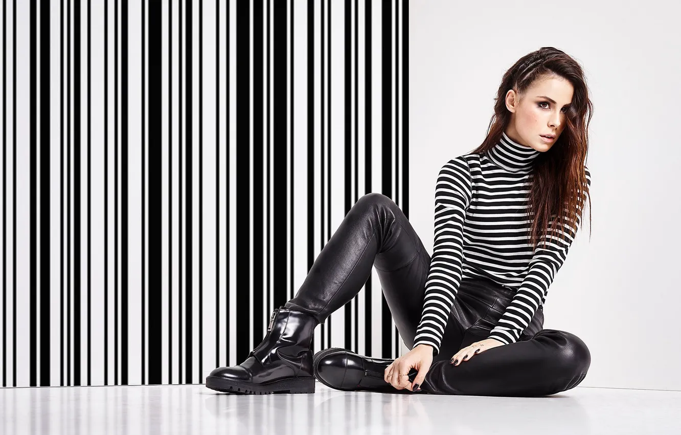 Photo wallpaper long hair, women, singer, brunette, sitting, celebrity, Lena Meyer-Landrut, looking away