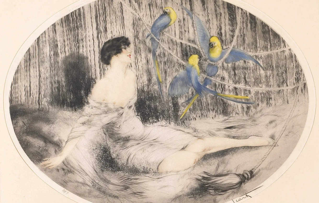 Photo wallpaper Parrots, 1925, Louis Icart, art Deco, etching and aquatint