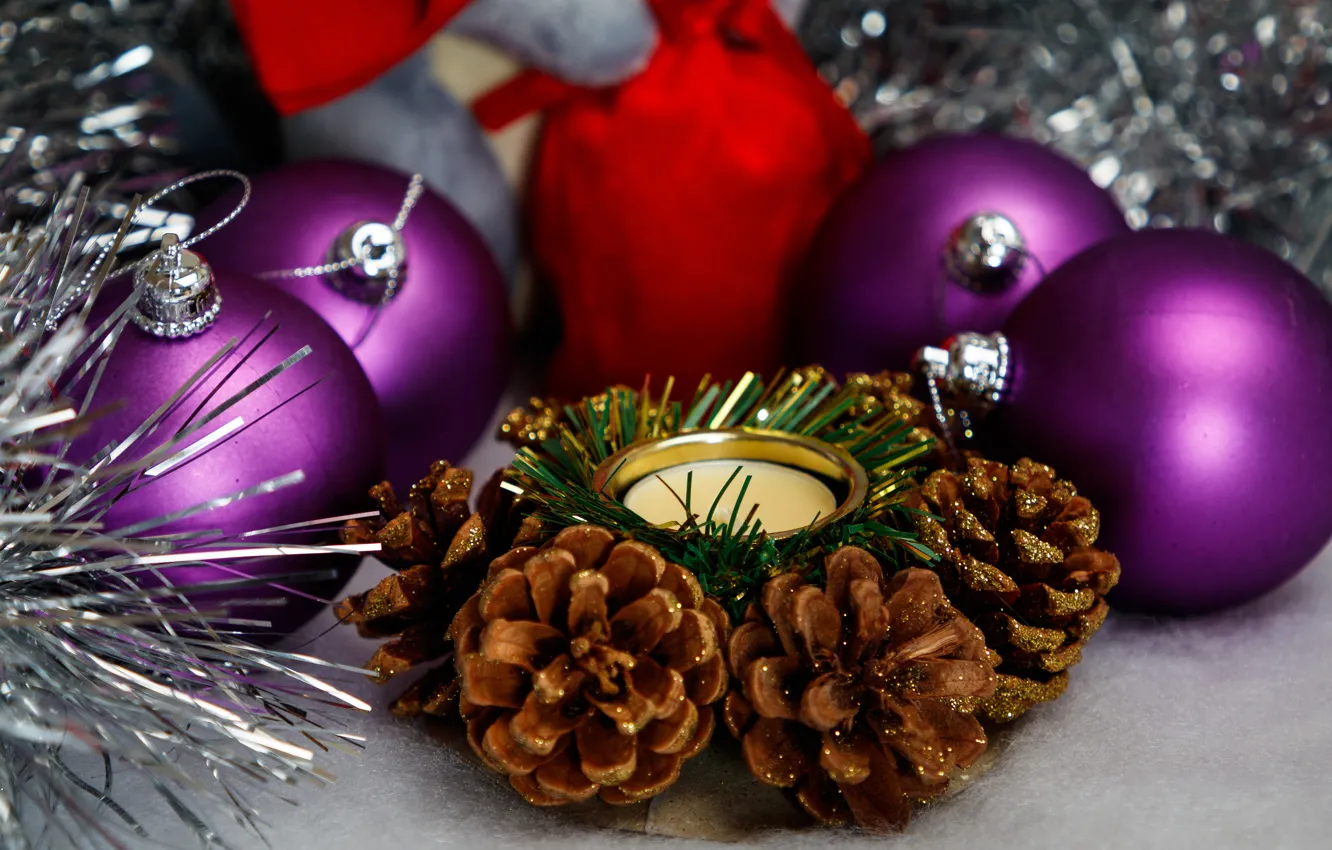 Photo wallpaper balls, holiday, balls, candle, Christmas, purple, New year, silver