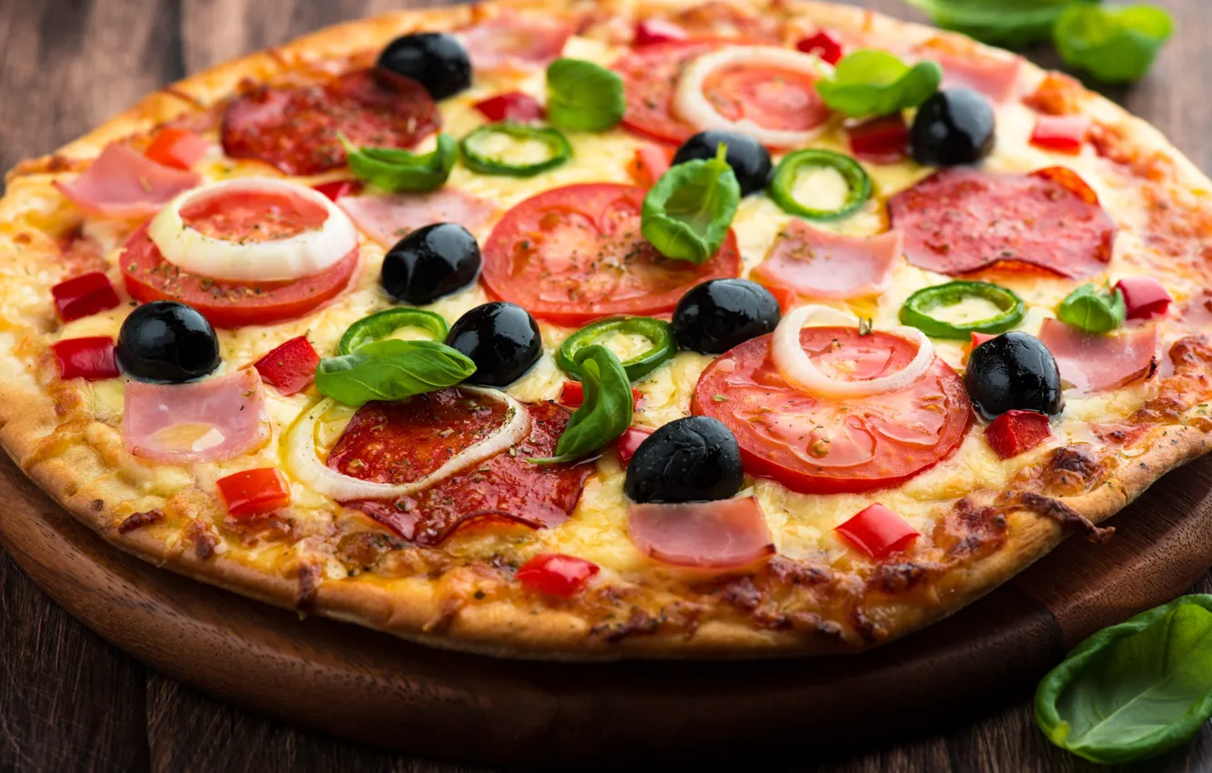 Photo wallpaper cheese, bow, pizza, tomatoes, dish, olives, the dough, ham