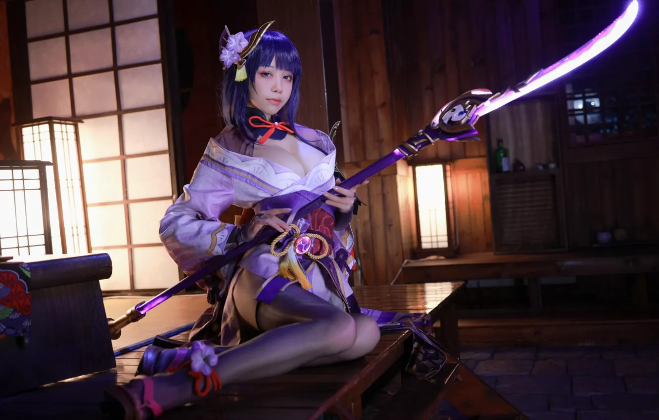 Photo wallpaper weapons, room, Asian, Aqua, cosplay, Genshin Impact, Shogun Raiden