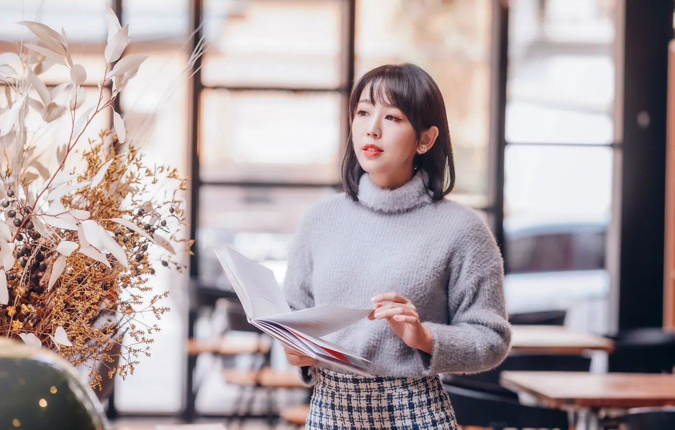 Photo wallpaper girl, sweetheart, book, Asian, sweater, bokeh
