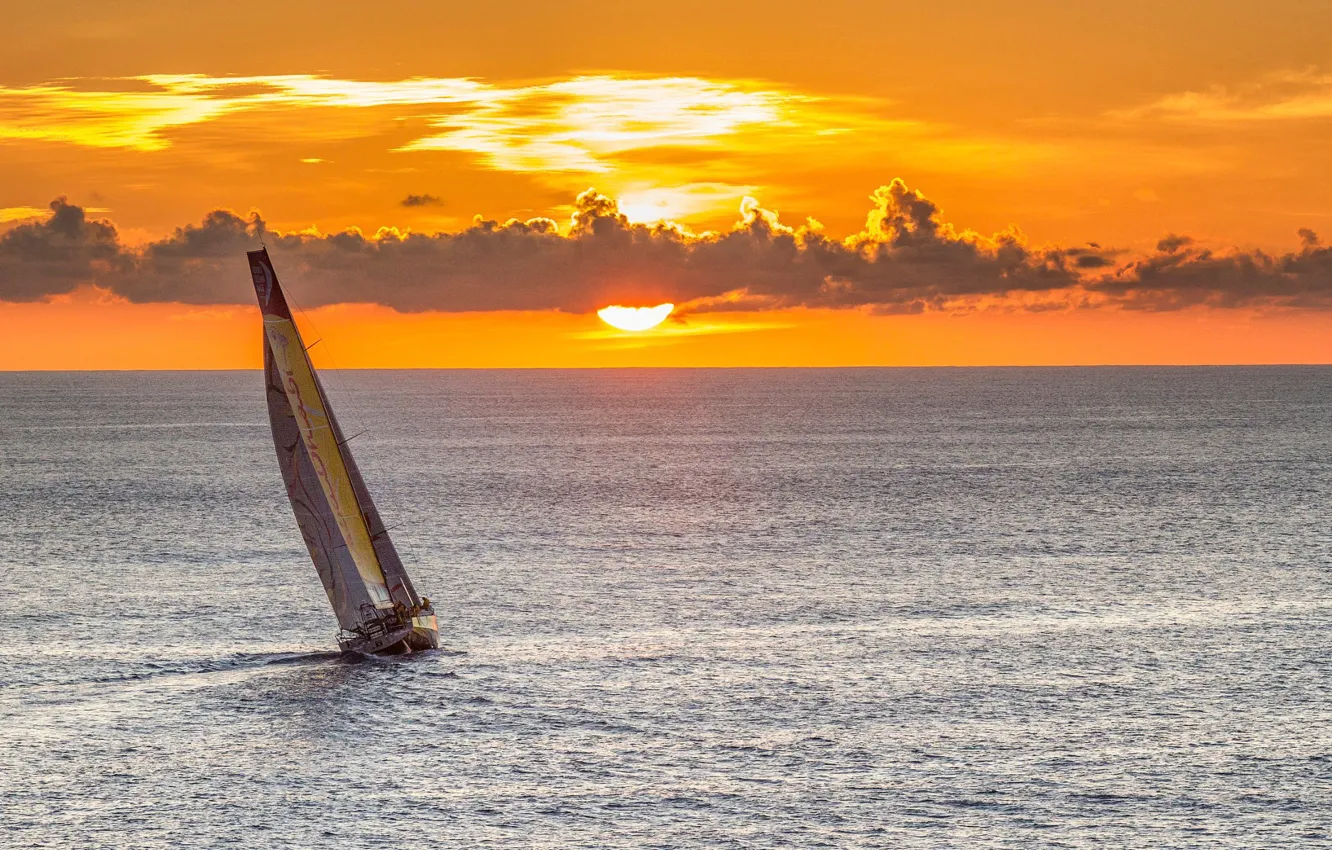 Photo wallpaper sunset, movement, the ocean, the wind, boat, the evening, yacht, horizon
