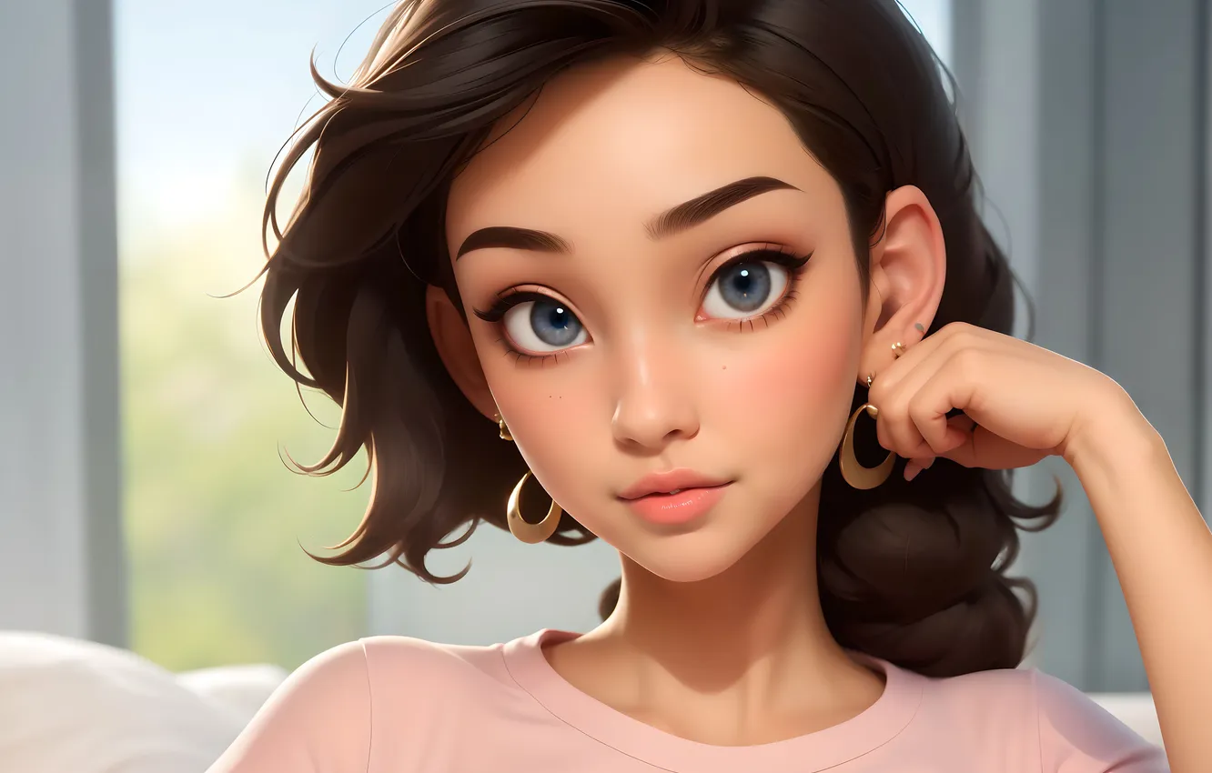Photo wallpaper look, earrings, beautiful girl, charm, digital art, digital art, artificial intelligence, Stability AI