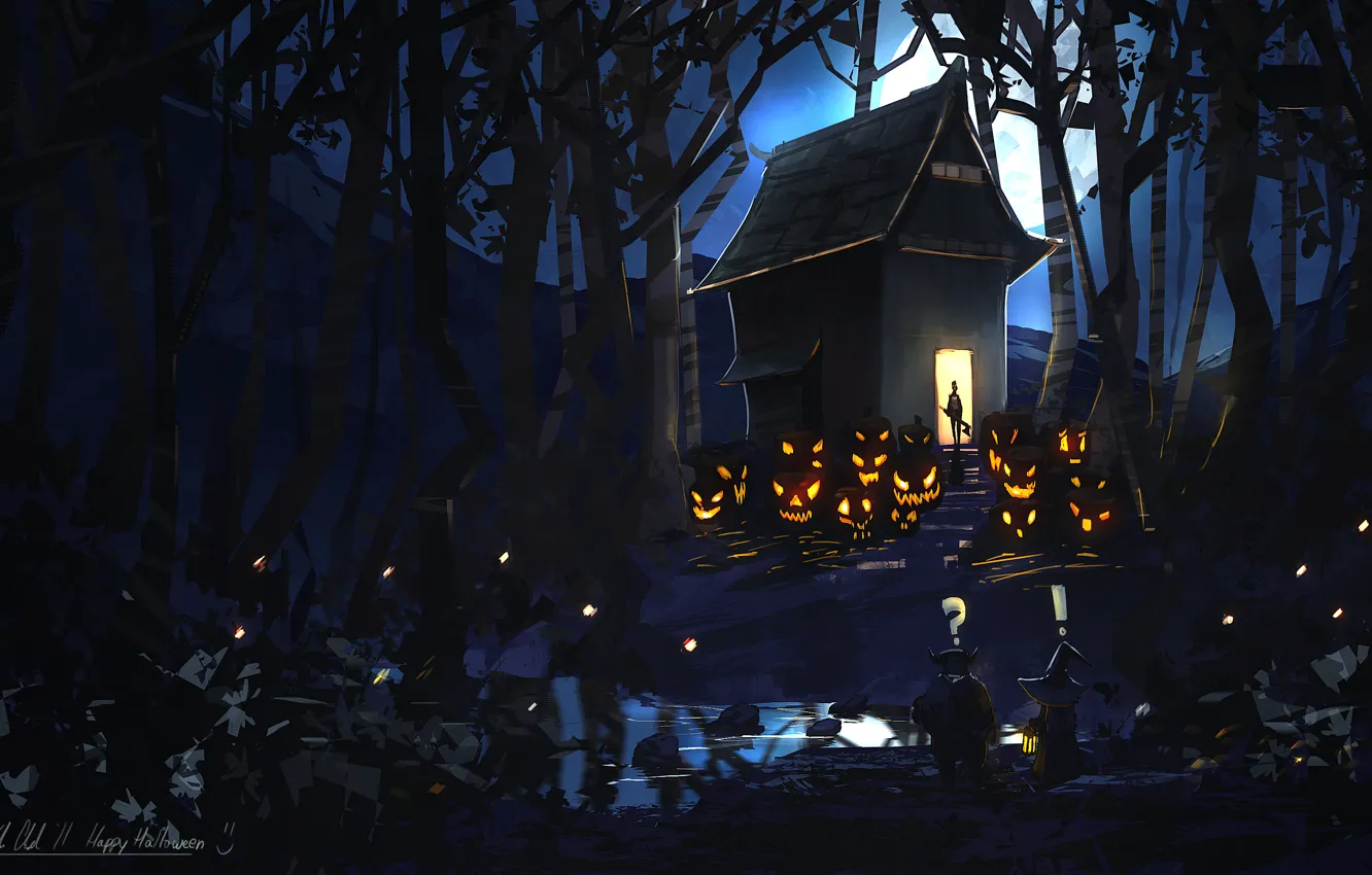 Photo wallpaper forest, night, house, the moon, art, pumpkin, evil, happy halloween