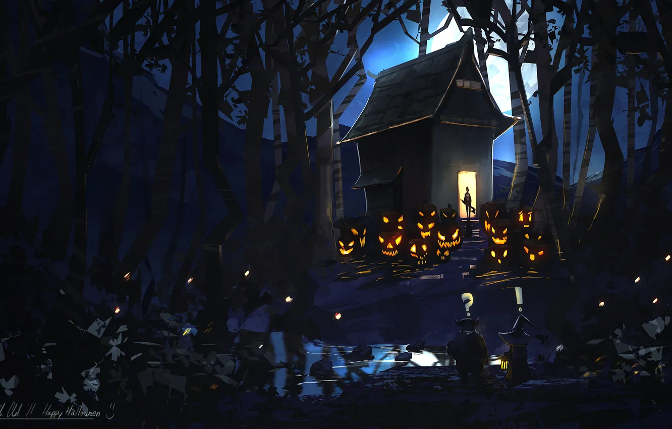 Photo wallpaper forest, night, the moon, home, art, pumpkin, evil, Happy Halloween