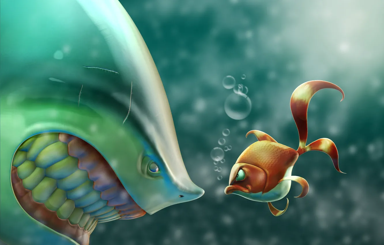 Photo wallpaper sea, fish, bubbles, anger, the situation, fish, shark, art