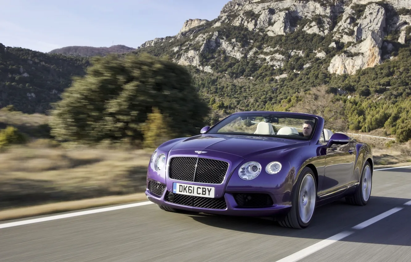 Photo wallpaper road, purple, speed, Bentley, Continental, convertible, the front, Bentley