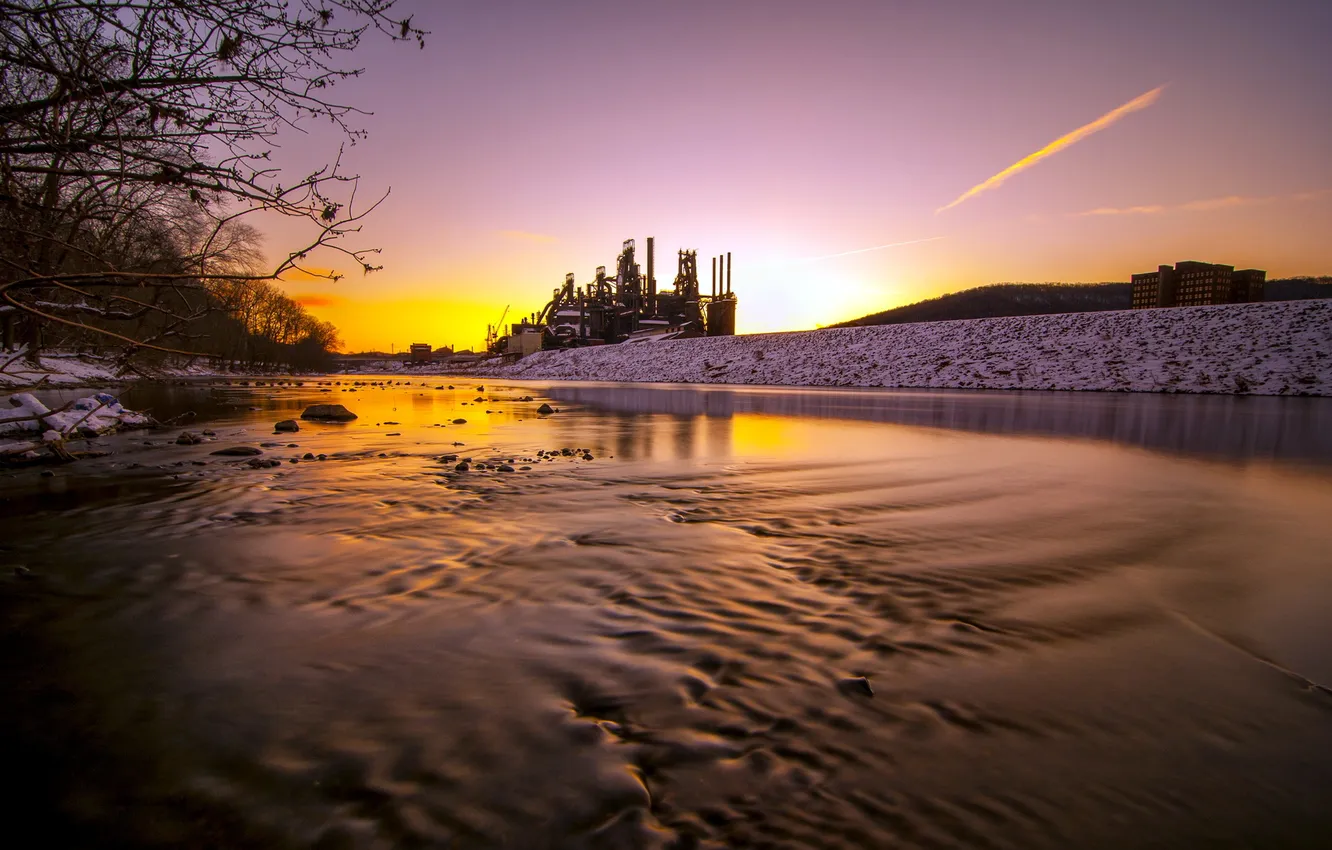 Photo wallpaper snow, branches, river, river, morning, Pennsylvania, long exposure, Bethlehem