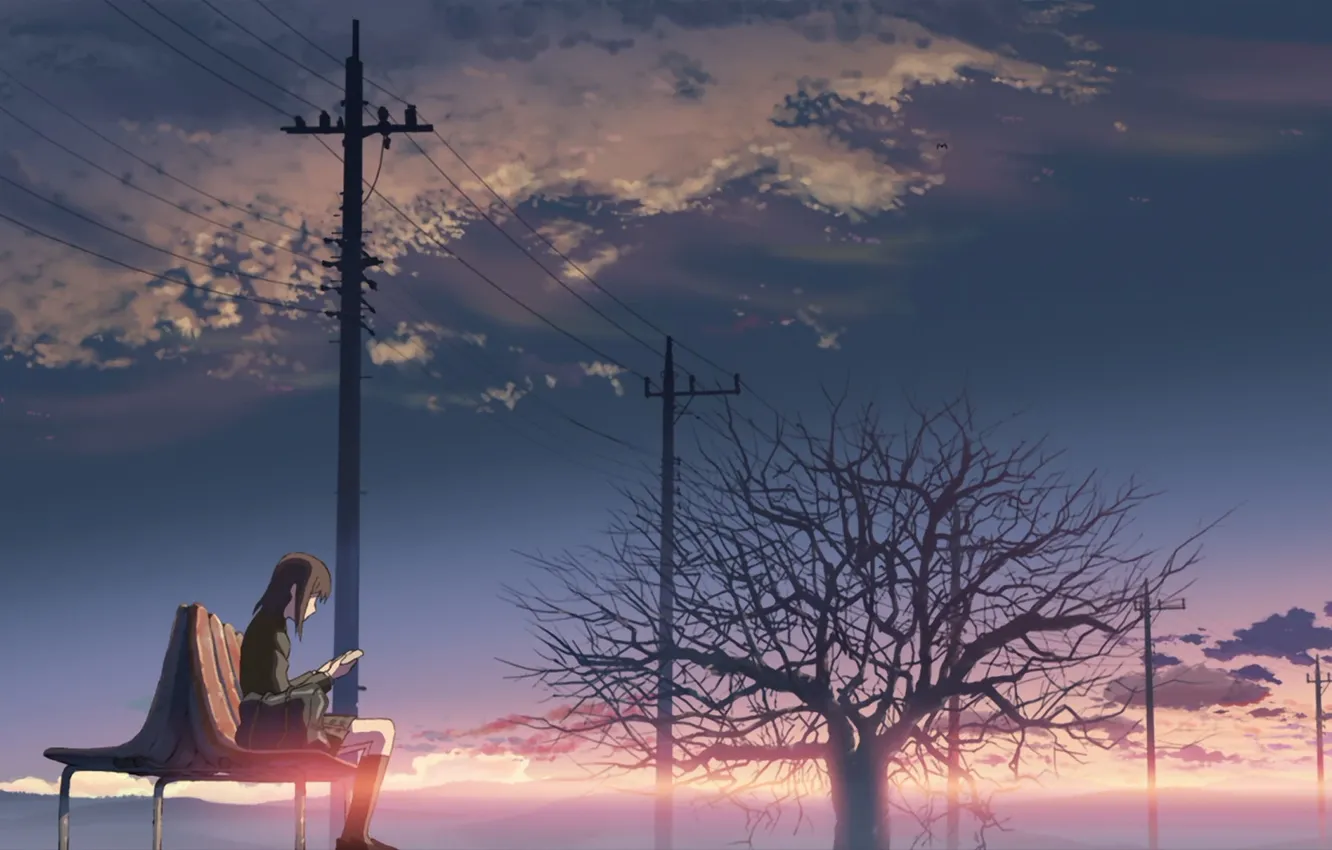 Photo wallpaper the sky, girl, clouds, bench, tree