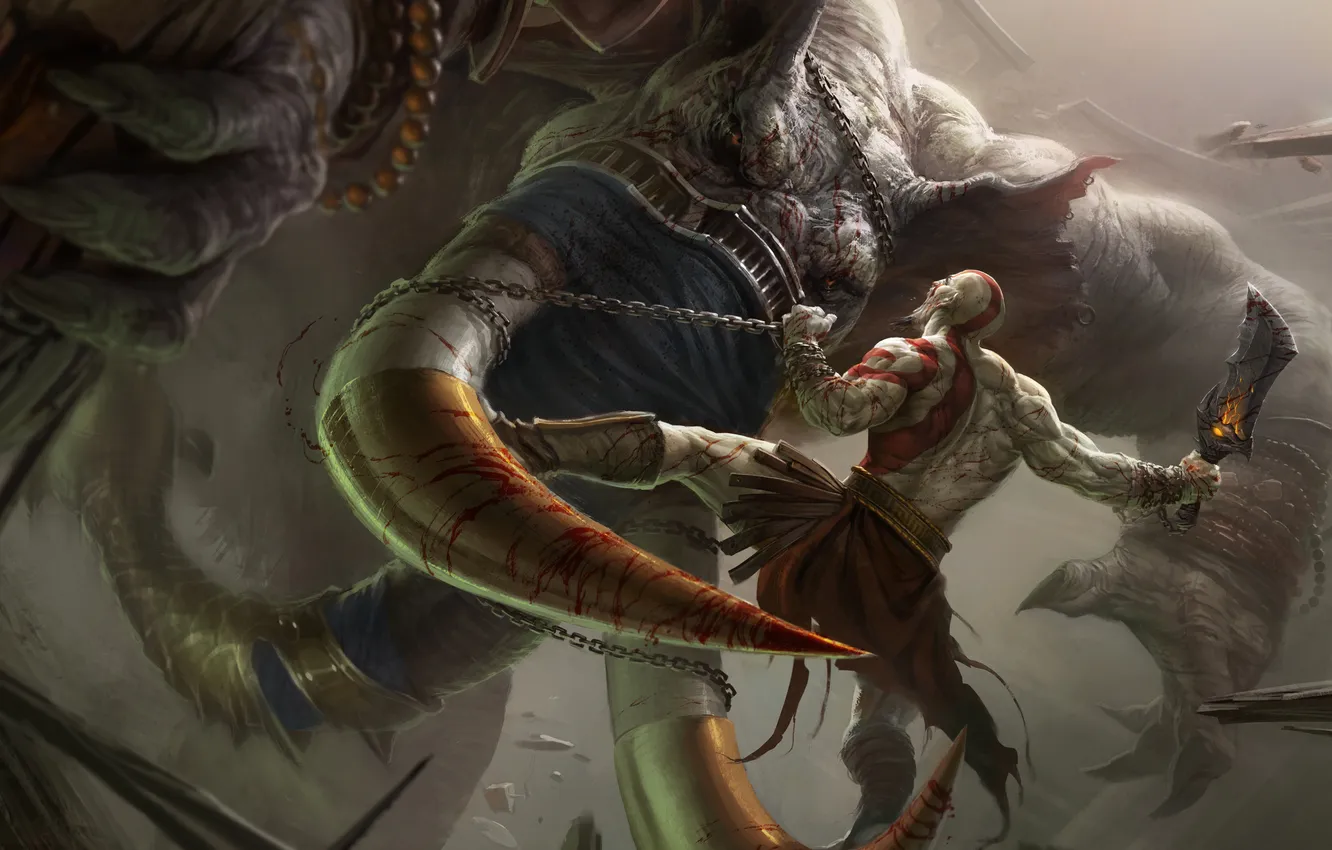 Photo wallpaper blood, elephant, chain, battle, God of war, Kratos, tusks, Kratos