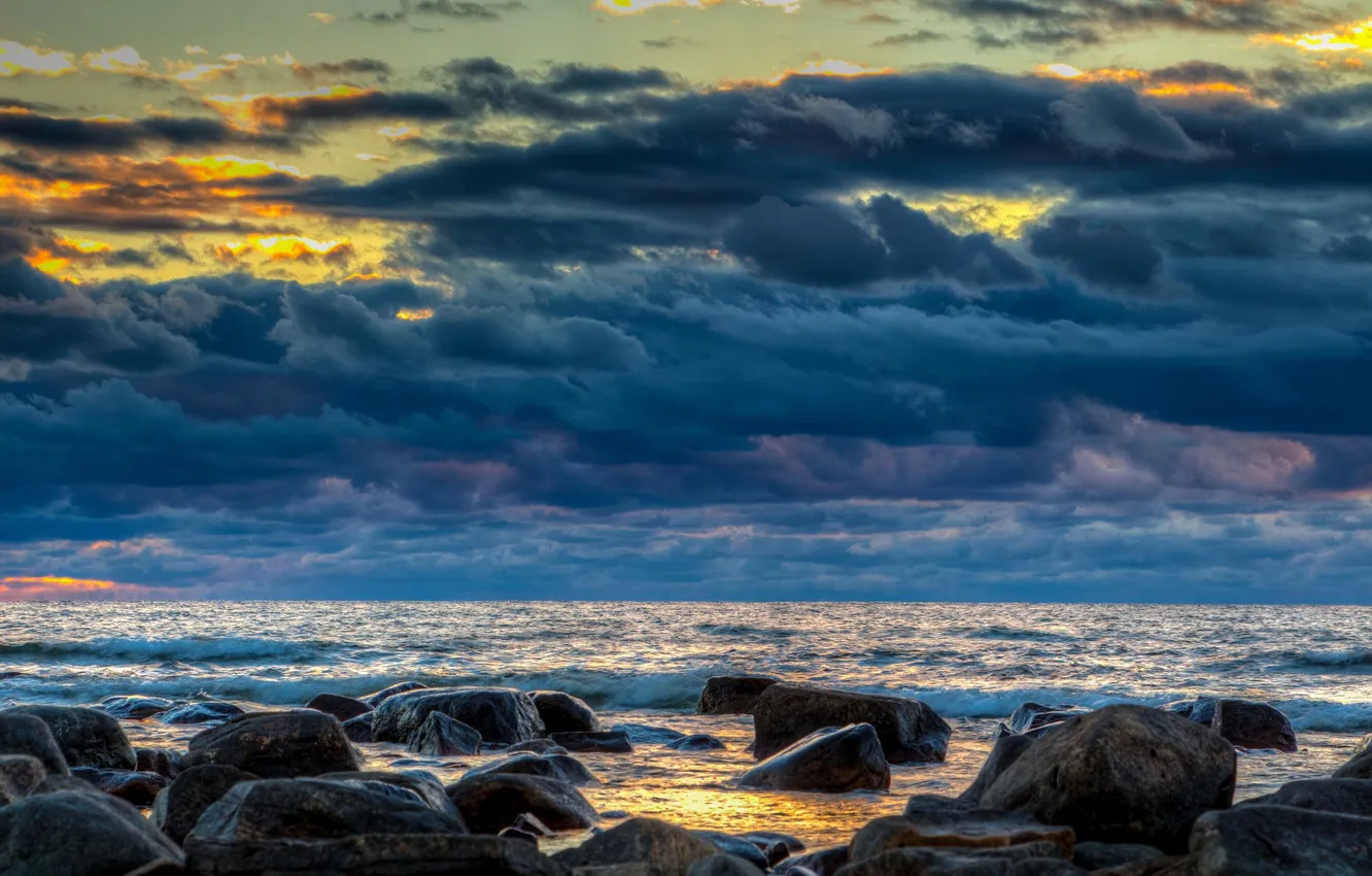 Photo wallpaper sea, the sky, clouds, clouds, stones, the ocean, shore, dal