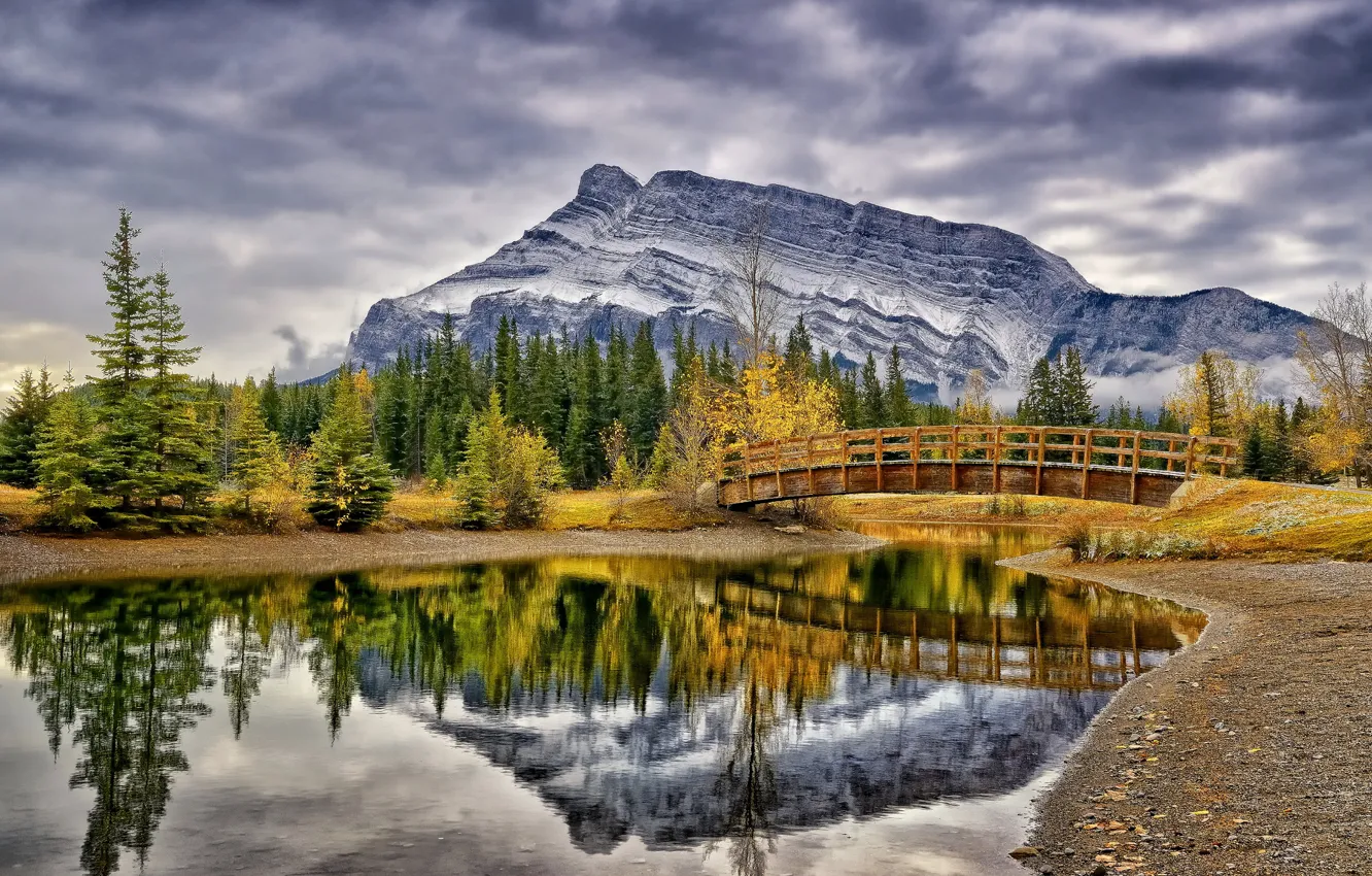 Photo wallpaper autumn, trees, mountains, bridge, pond, reflection, Canada, Albert