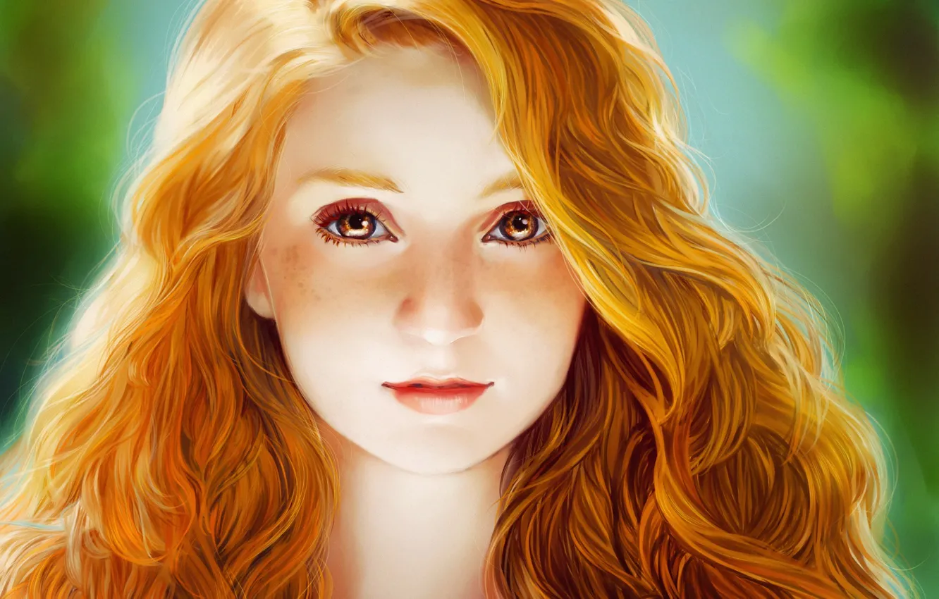 Photo wallpaper eyes, look, face, hair, girl, red