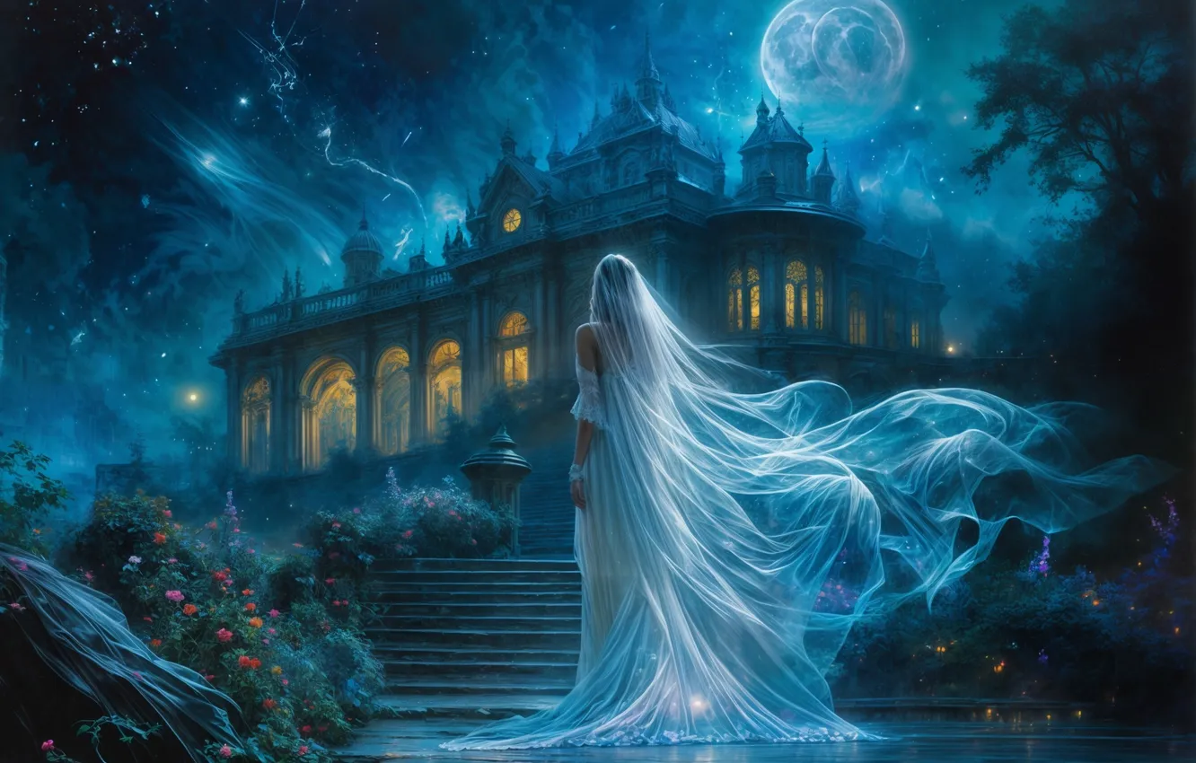 Photo wallpaper girl, night, the moon, building, Ghost, mansion