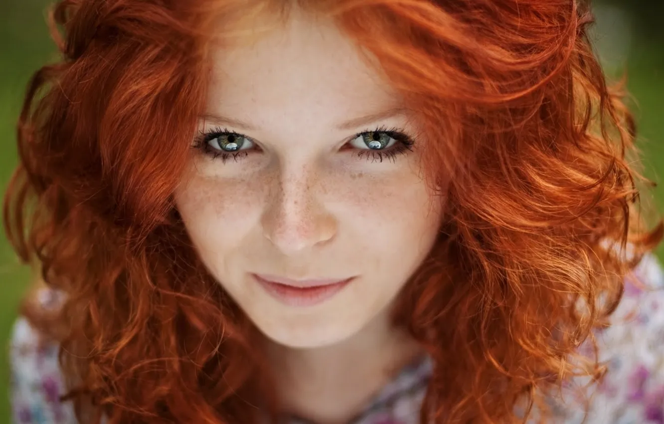 Photo wallpaper look, girl, smile, hair, freckles, red