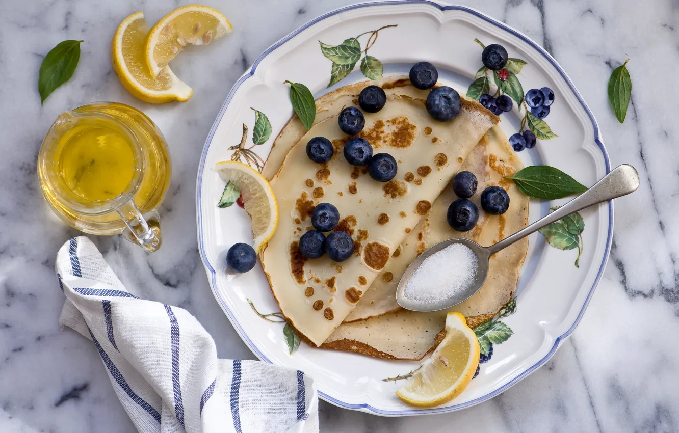 Photo wallpaper berries, food, blueberries, pancakes, Anna Verdina, lemon slices