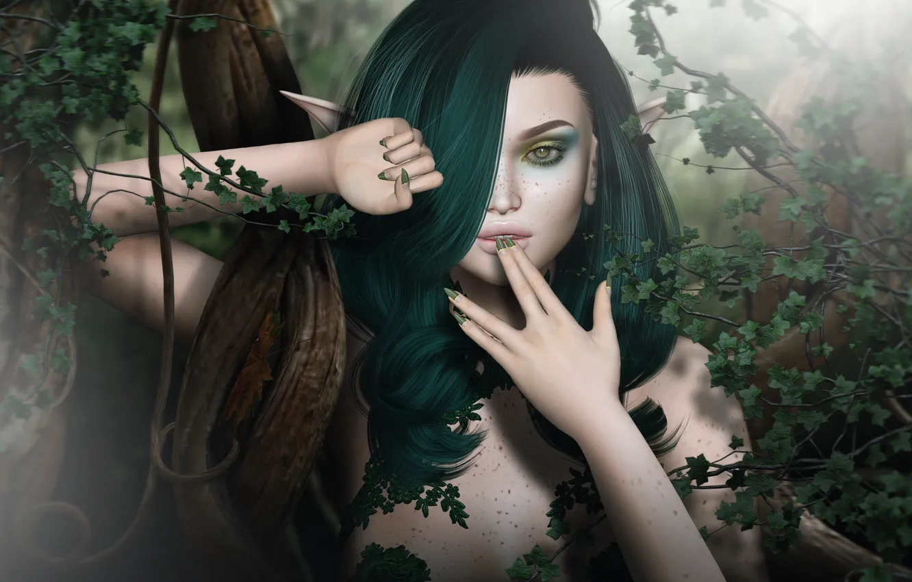 Photo wallpaper girl, trees, elf