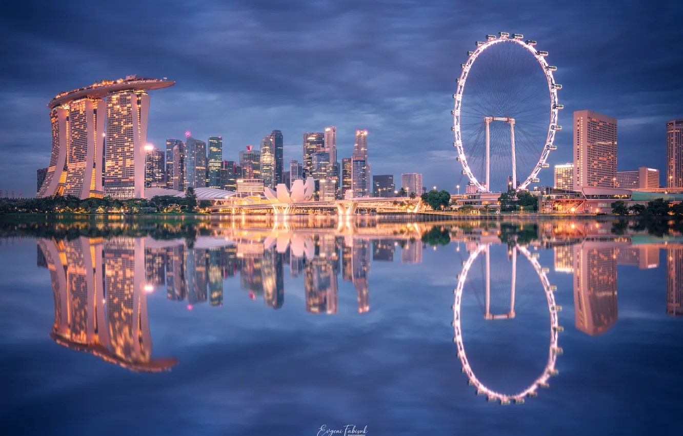 Photo wallpaper night, beauty, Singapore, Ferris wheel, Evgeni Fabis, reflection in the howl