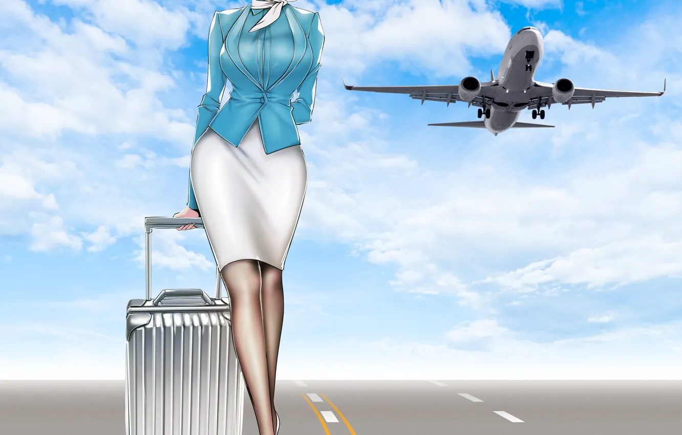 Photo wallpaper girl, sky, woman, airplane, walk, stewardess, Flight Attendant