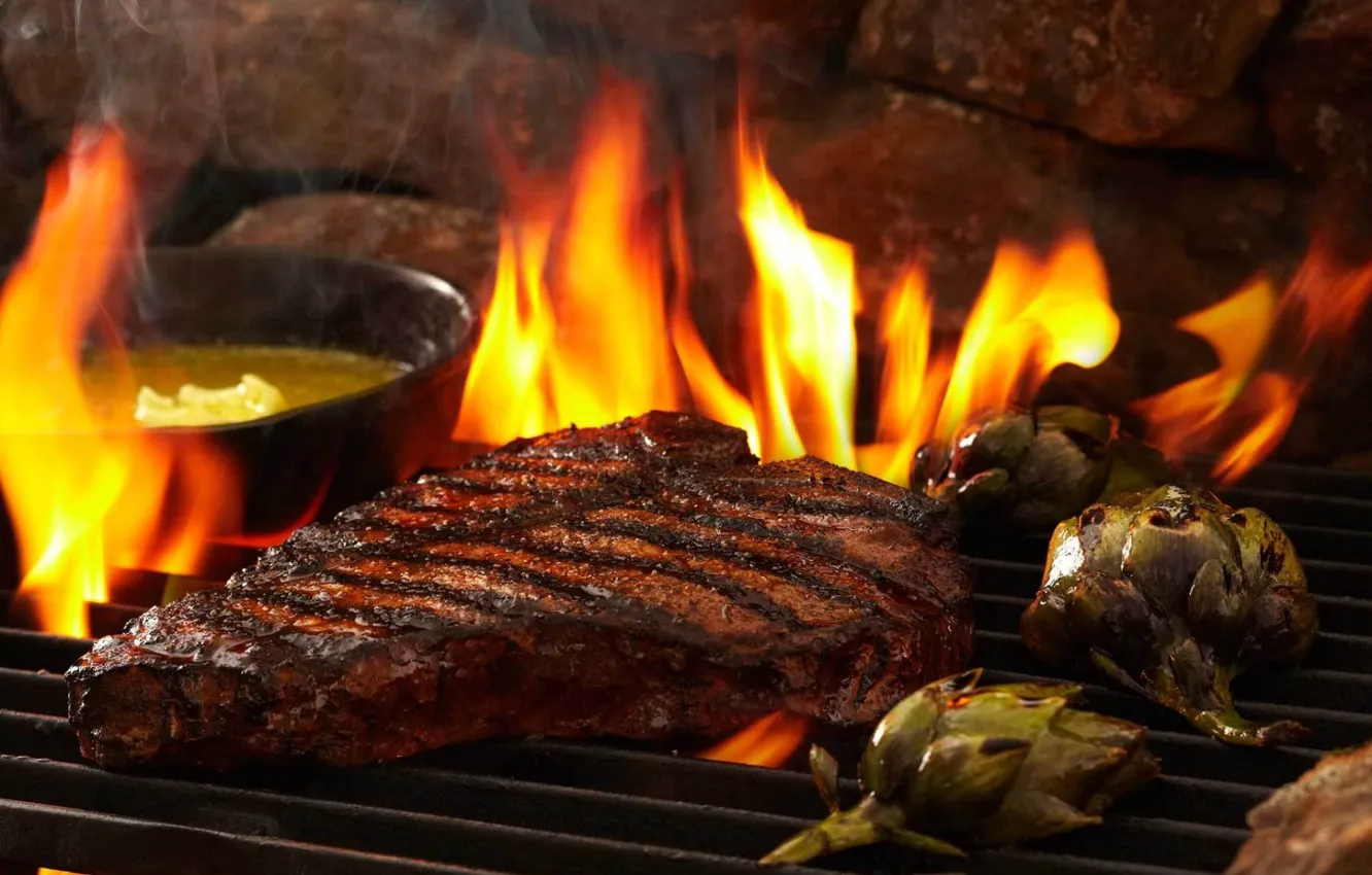 Photo wallpaper Fire, Meat, Steak, Barbecue, Grill