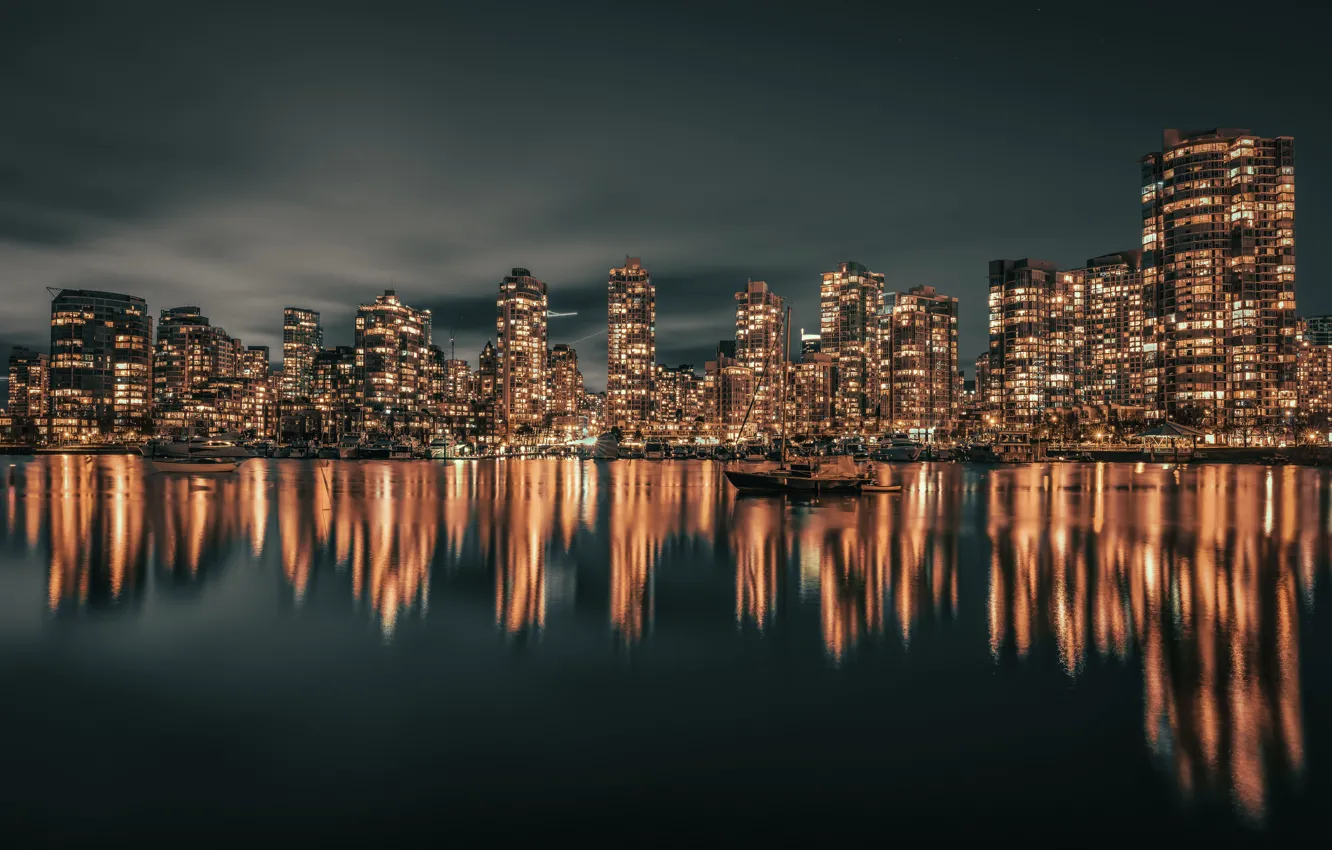 Photo wallpaper clouds, light, night, clouds, the city, lights, glare, reflection