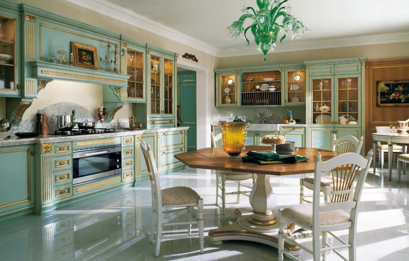 Photo wallpaper design, table, furniture, interior, chair, kitchen, chandelier