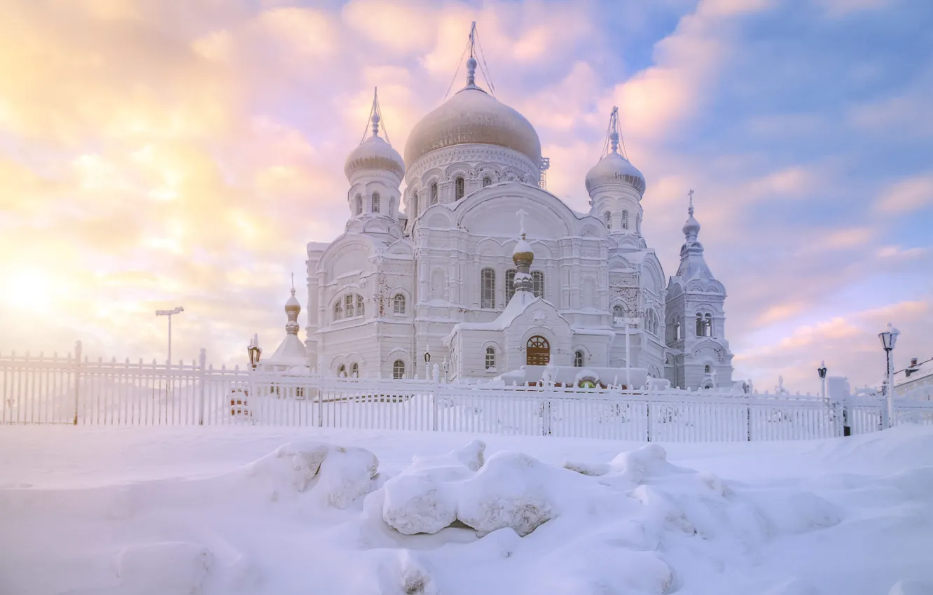 Photo wallpaper winter, the sky, clouds, snow, stones, in the snow, the fence, Church