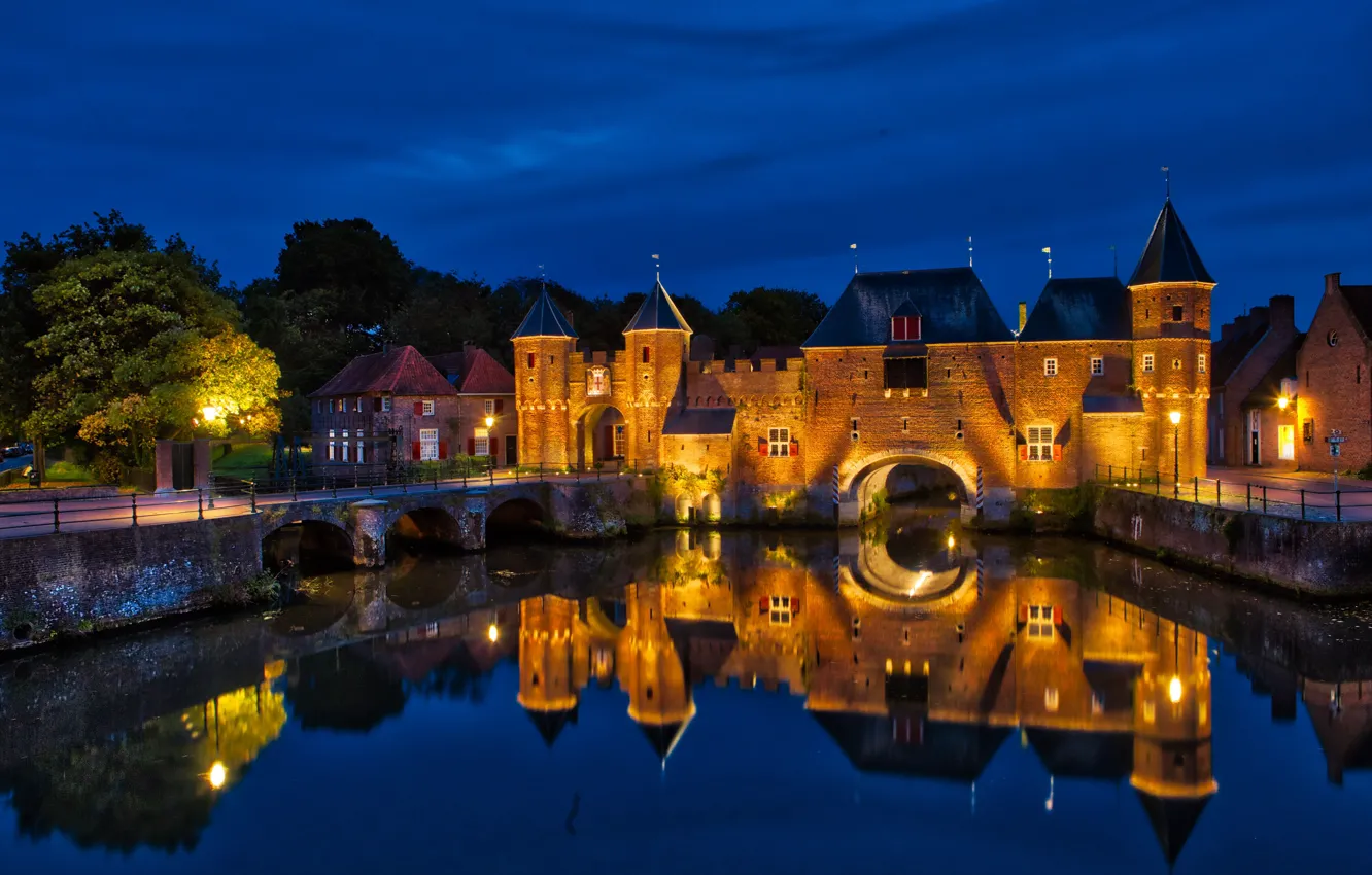 Photo wallpaper the sky, night, bridge, reflection, the building, home, lights, fortress