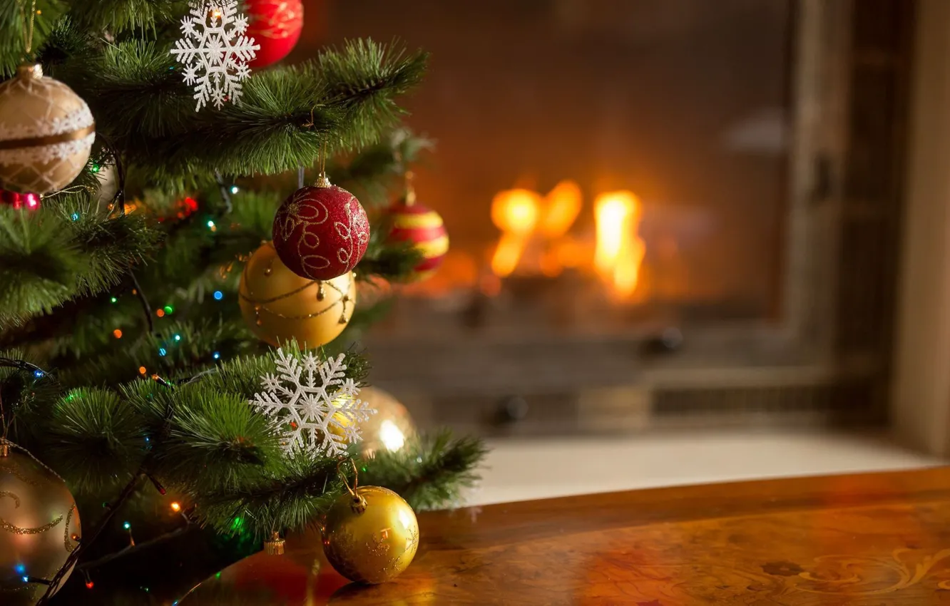 Photo wallpaper heat, toys, tree, New Year, Christmas, fireplace, cozy