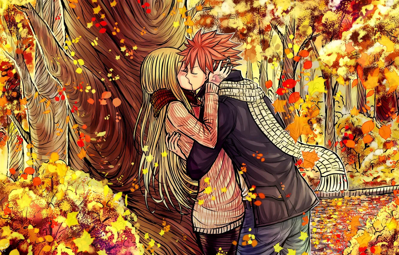 Photo wallpaper autumn, romance, anime, pair, Fairy Tail, Fairy tail