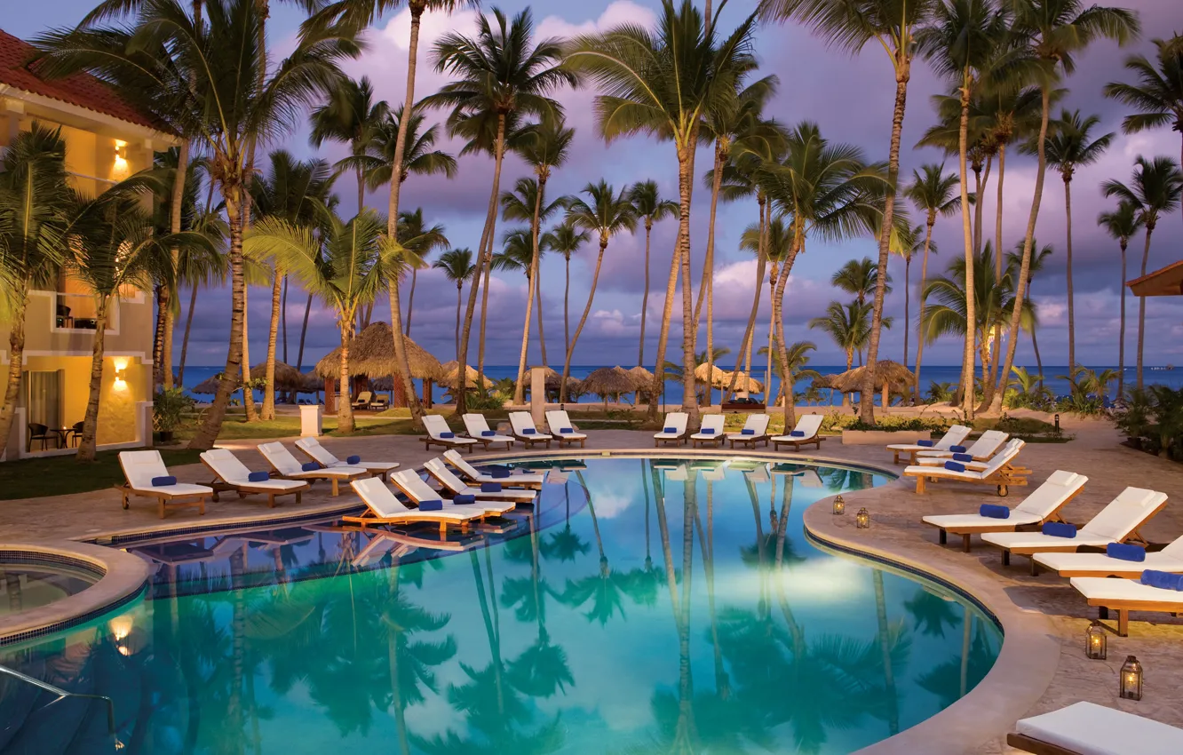 Photo wallpaper sea, palm trees, the evening, pool, resort, Preferred Club
