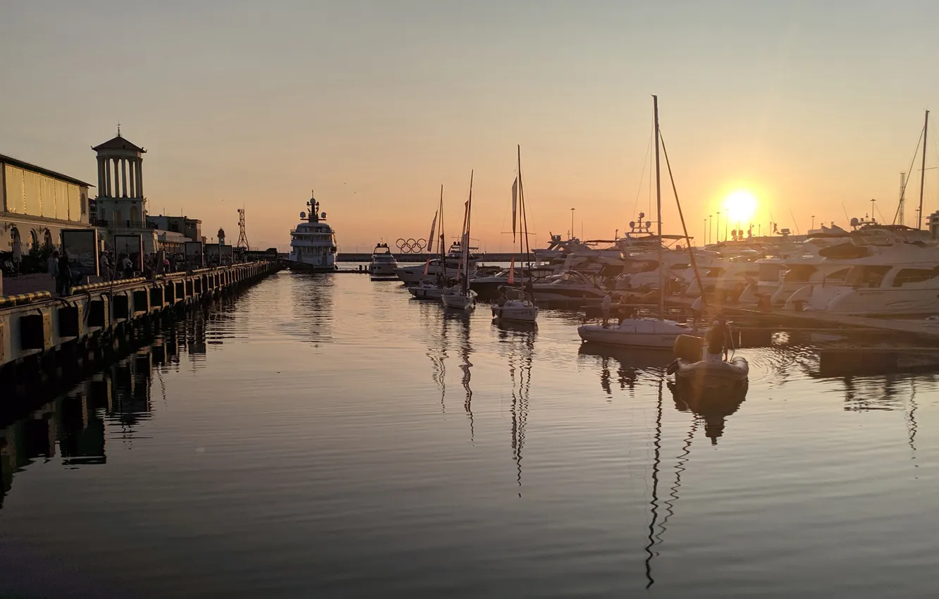 Photo wallpaper water, sunset, boat, Marina, Sochi, River station
