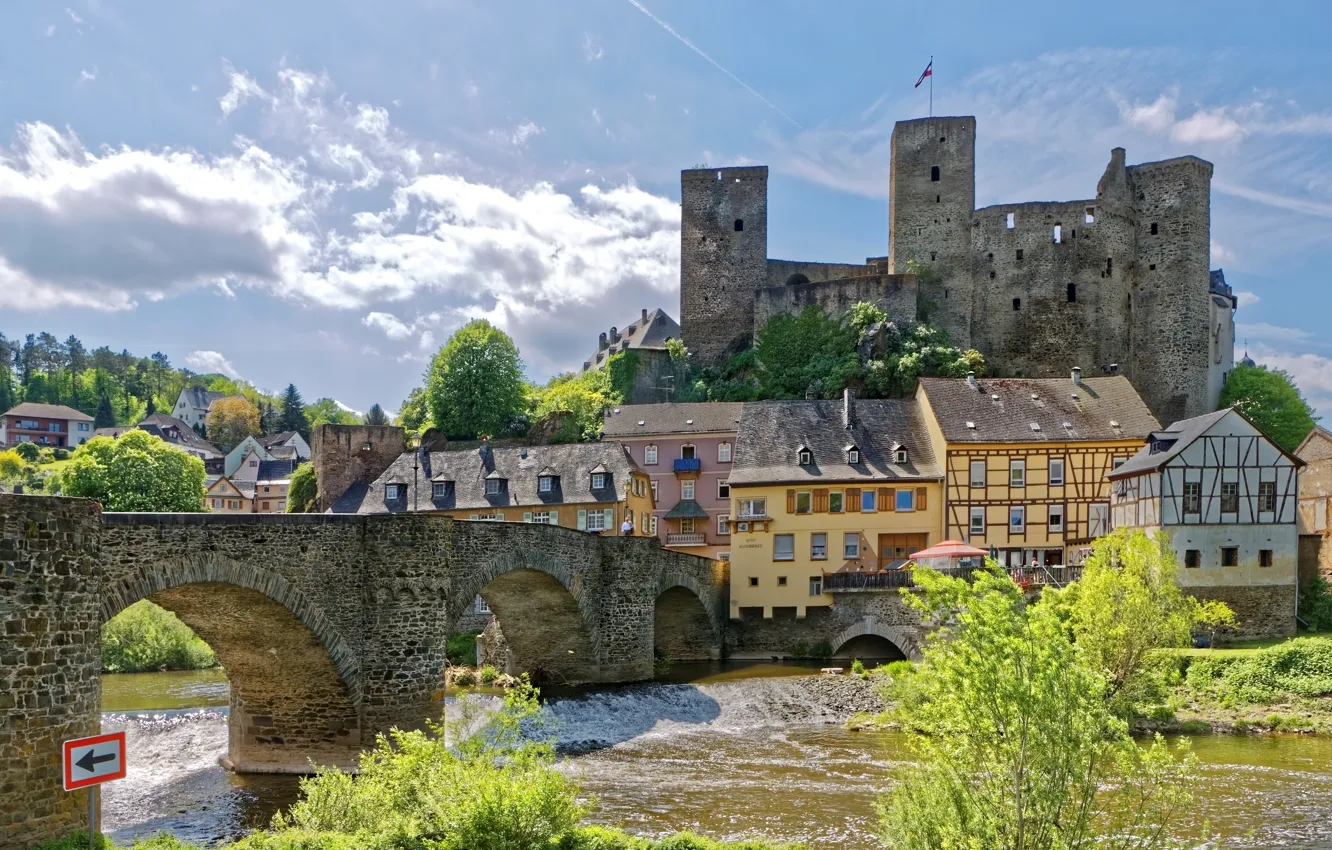 Photo wallpaper landscape, bridge, river, home, Germany, fortress, Runkel