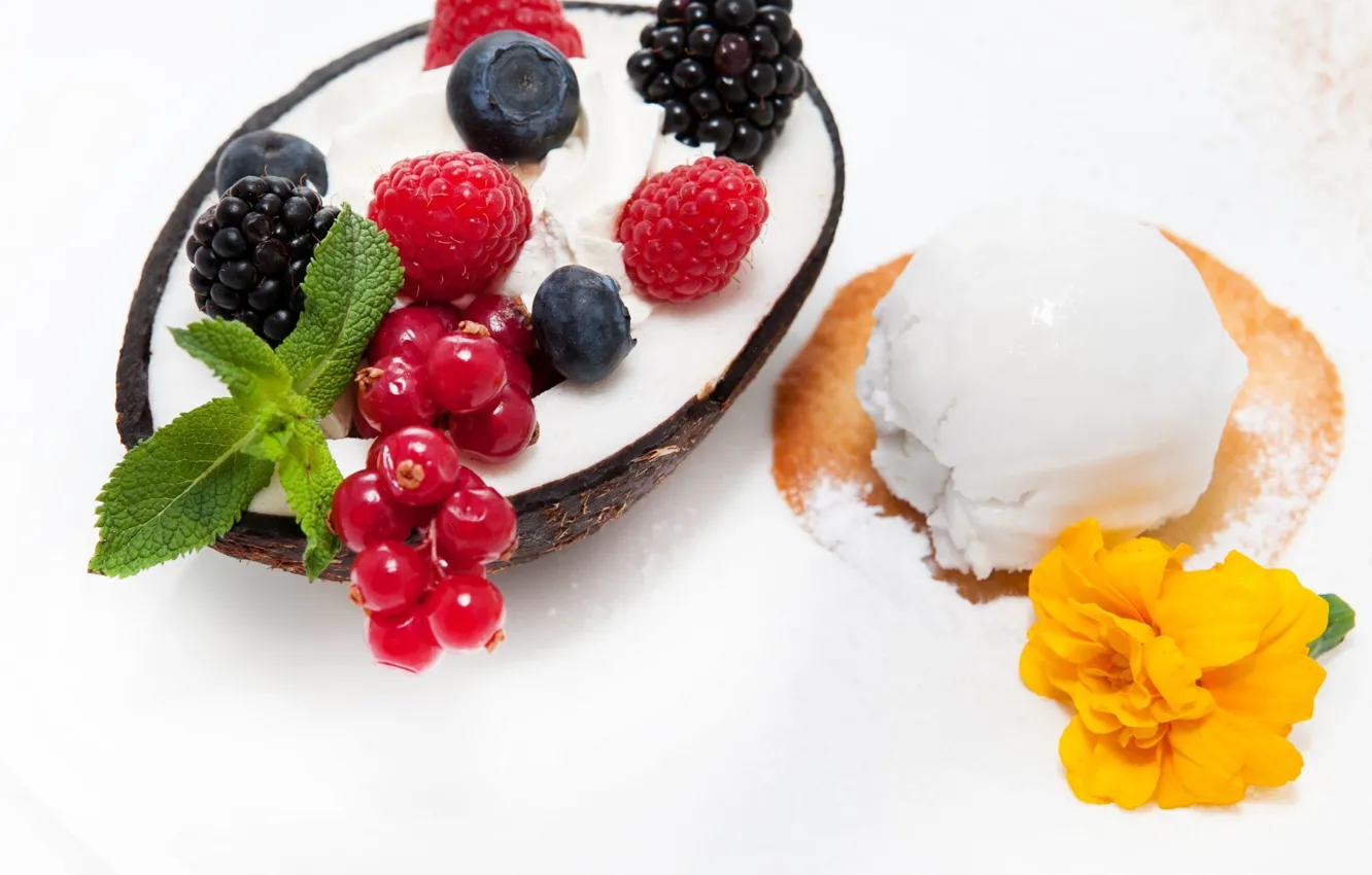 Photo wallpaper ice cream, dessert, sweet, Malina, yagdi, smorodina krasnaya, ejevika, kokosoviy