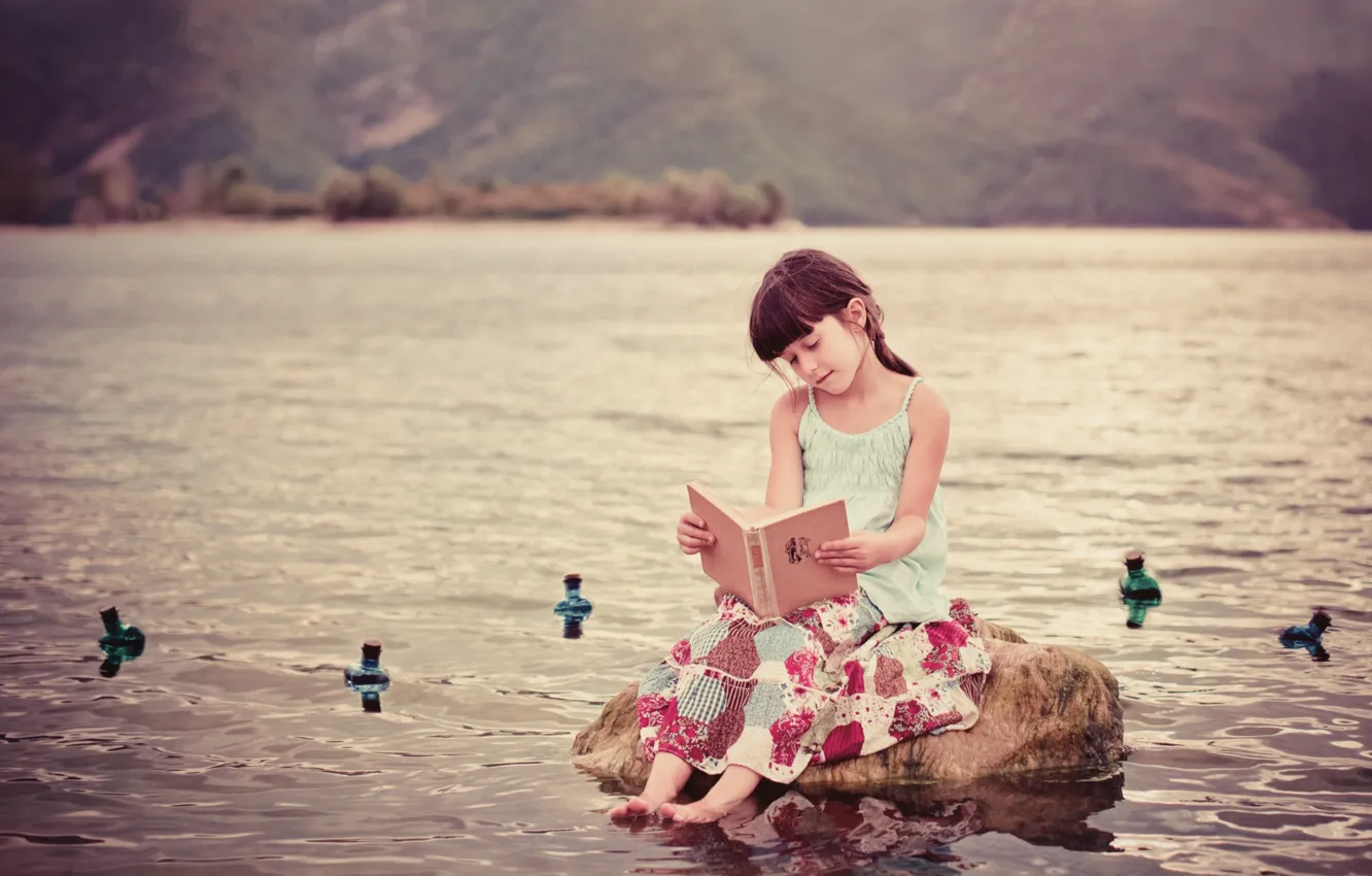 Photo wallpaper stones, girl, book, in the water, Tales of distant countries