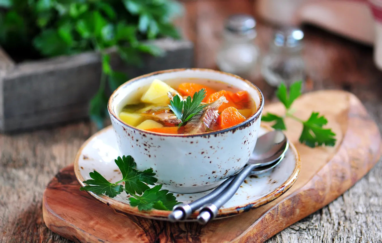 Photo wallpaper soup, bowl, vegetables, parsley