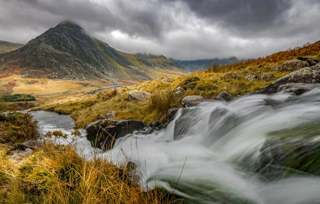 Photo wallpaper mountains, river, stream, Wales, Snowdonia