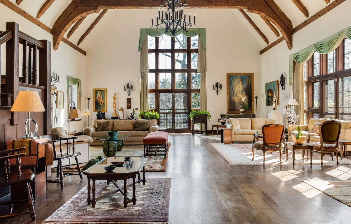 Photo wallpaper design, style, interior, hall, New York, New York, spacious living room, Luxury villa