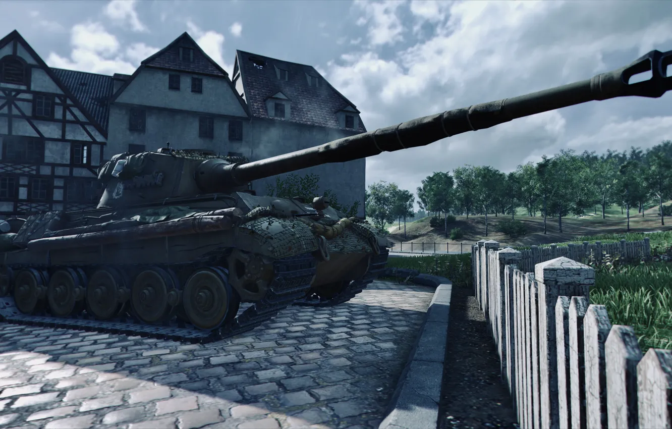 Photo wallpaper HDR, tiger, clouds, houses, WoT, tank, World of Tanks, Tiger 2