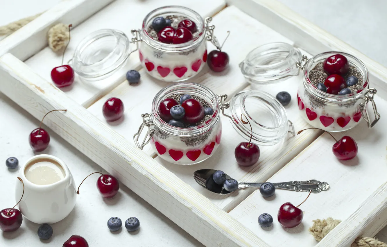 Photo wallpaper cherry, berries, Breakfast, tray, yogurt, Chia, Anna Cells