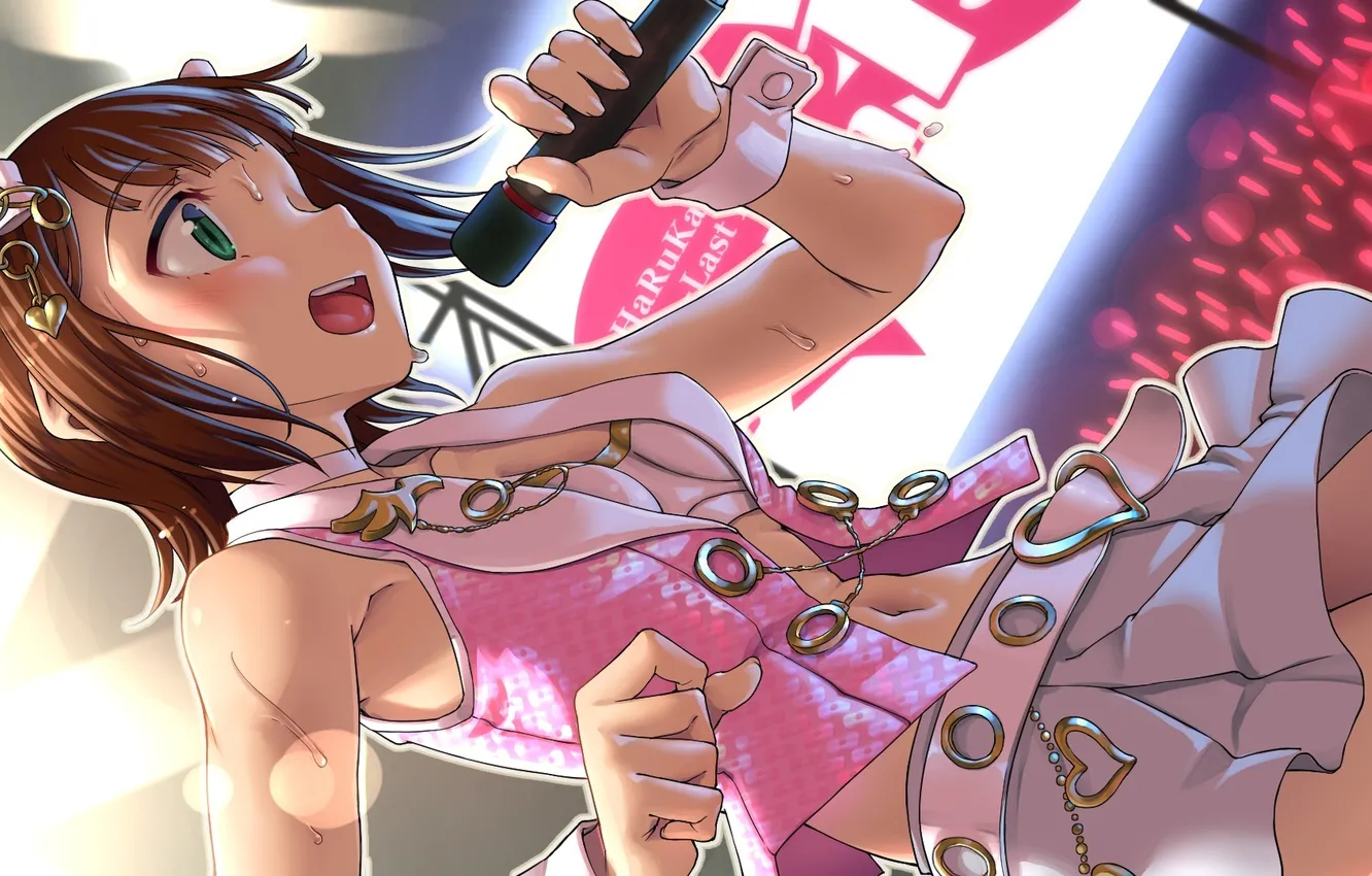 Photo wallpaper girl, art, concert, hearts, microphone, bow, screen, sings