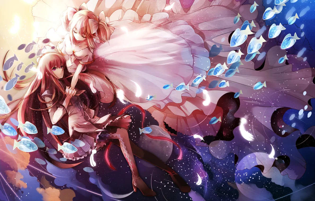 Photo wallpaper girl, fish, anime, art, mahou shoujo madoka magica, homura akemi, madoka kaname, Girl Madoka