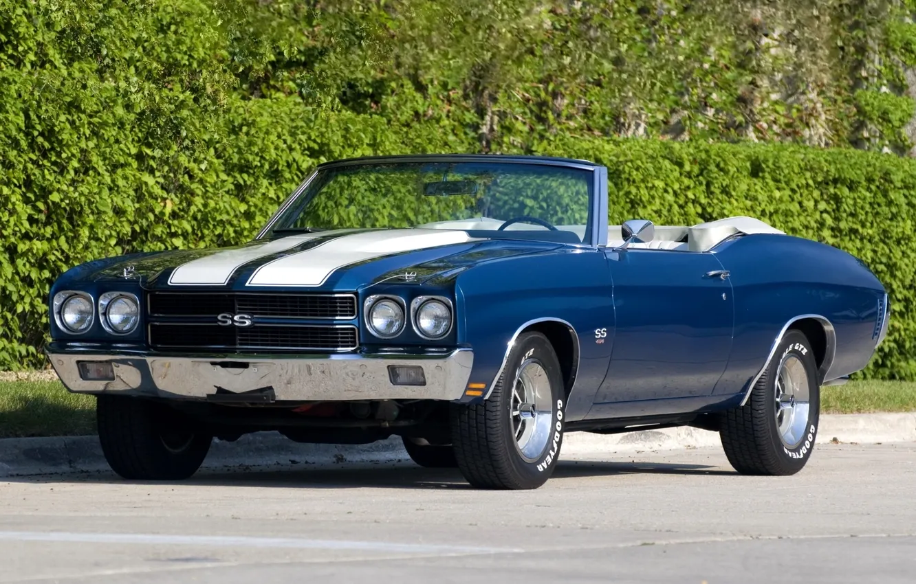Photo wallpaper blue, background, Chevrolet, Chevrolet, convertible, the bushes, 1970, the front