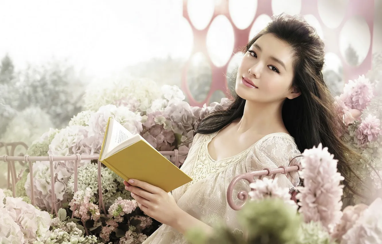 Photo wallpaper girl, flowers, brunette, book, East, gently, pastel tone