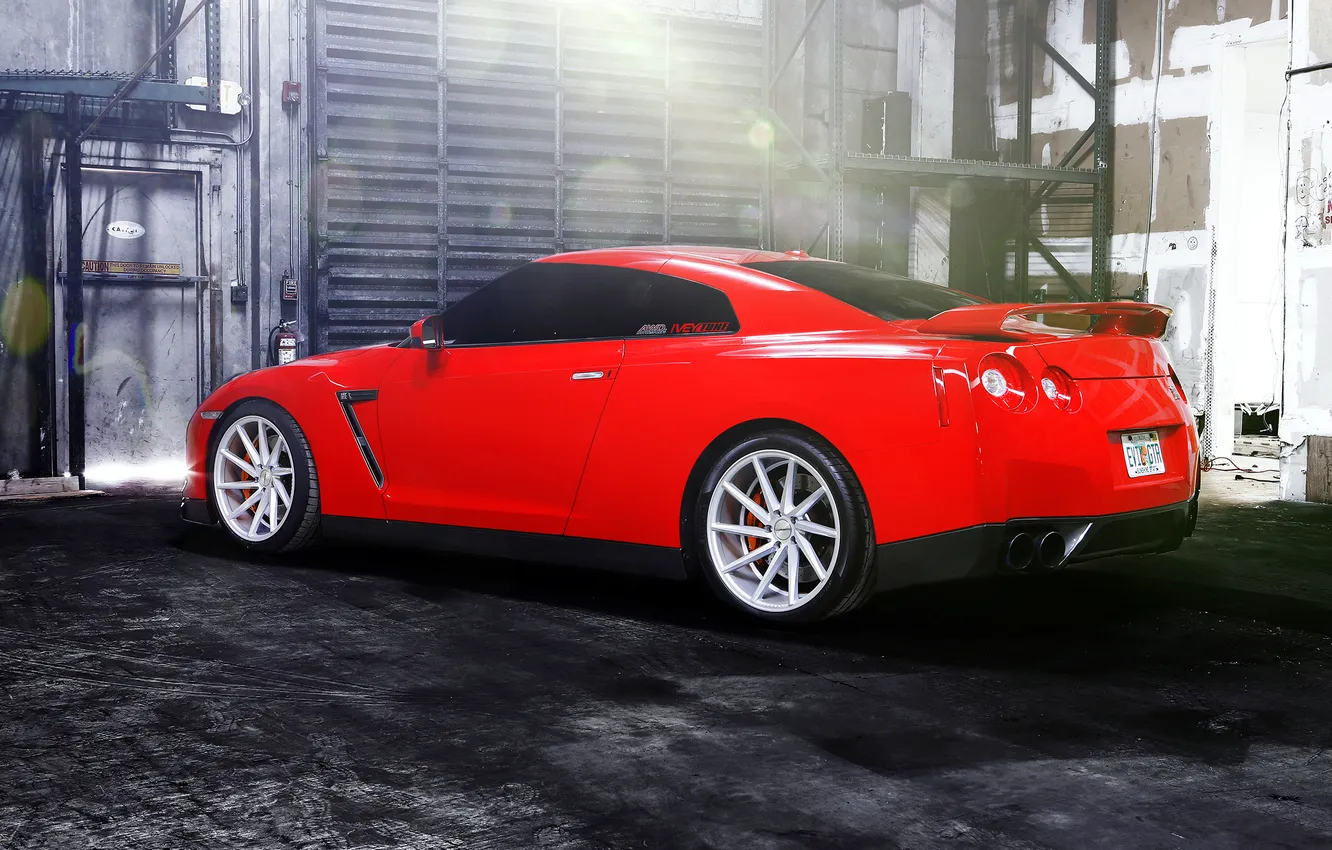 Photo wallpaper GTR, red, Nissan, Vossen, Wheels, rearside