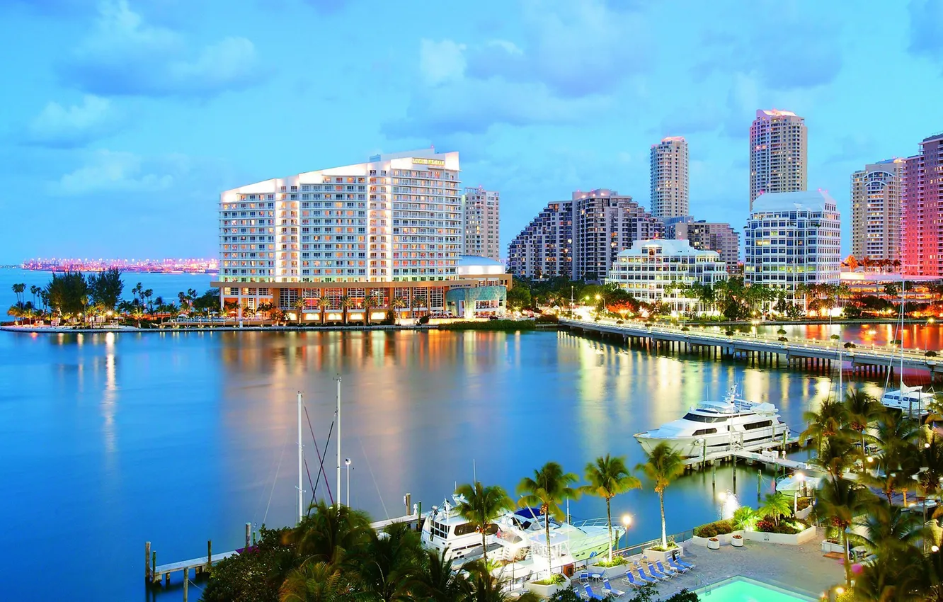 Photo wallpaper sea, the city, lights, yacht