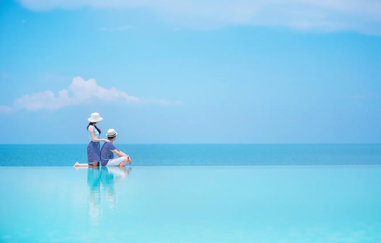 Photo wallpaper sea, clouds, blue, hat, horizon, pair, the bride, the groom